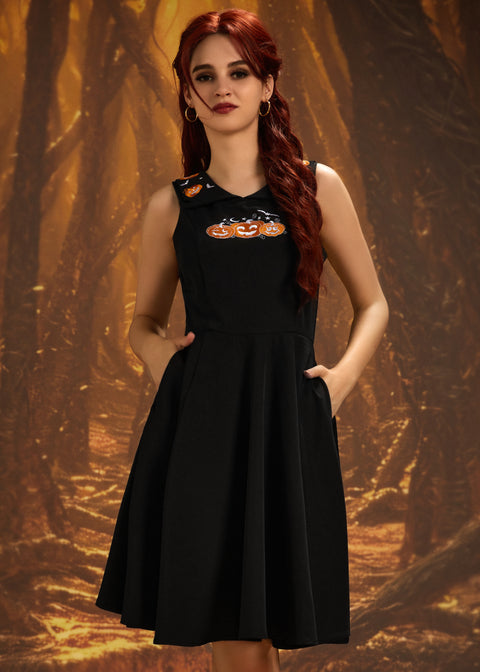 Robe trapèze brodée de citrouilles d'Halloween-1
