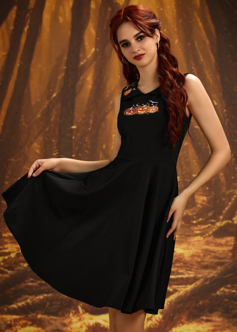 Robe trapèze brodée de citrouilles d'Halloween-2
