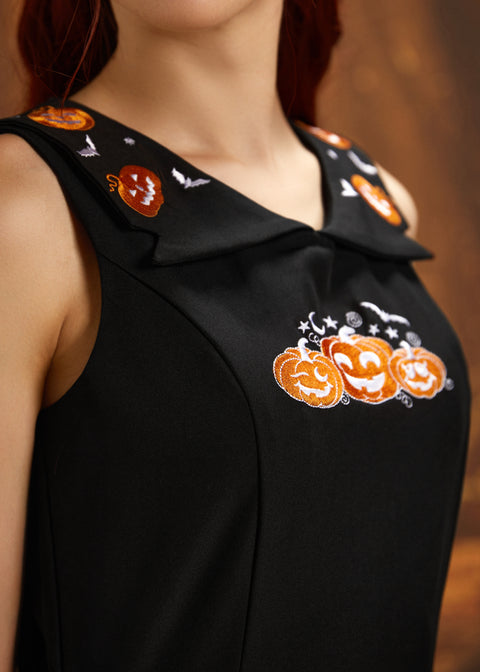 Robe trapèze brodée de citrouilles d'Halloween-4