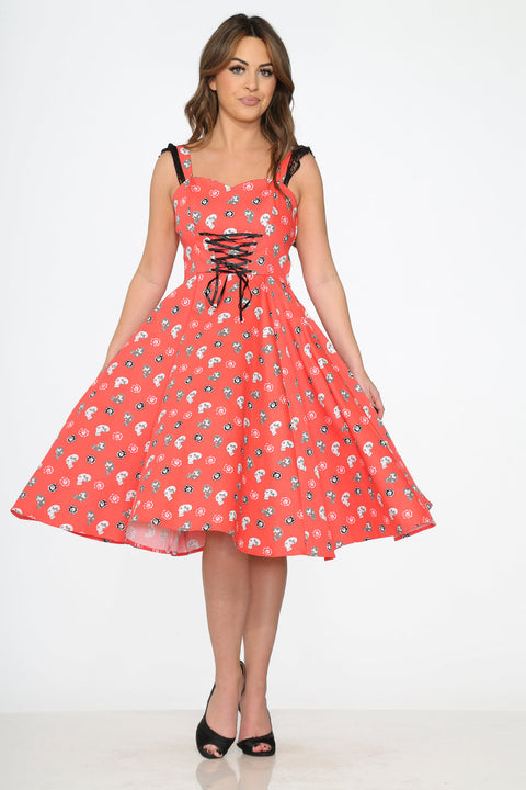 Robe trapèze à têtes de mort rouges-4