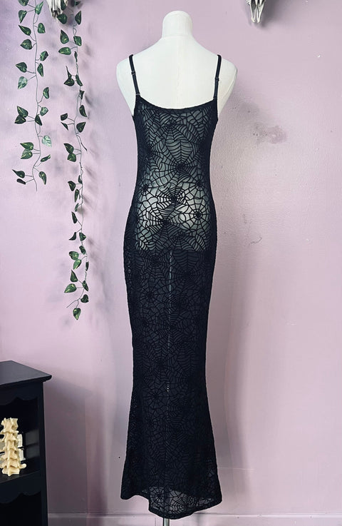 Robe longue transparente à coupe sablier - Velours floqué à motif toiles d'araignée-5