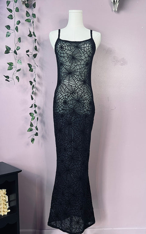 Robe longue transparente à coupe sablier - Velours floqué à motif toiles d'araignée-3