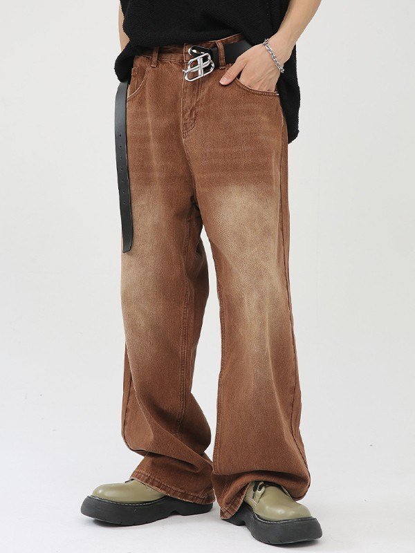 Jeans sueltos de hombre de mezclilla marrón desteñido-1