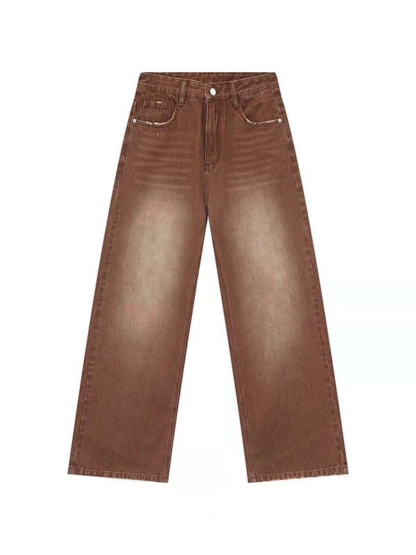 Jeans sueltos de hombre de mezclilla marrón desteñido-5