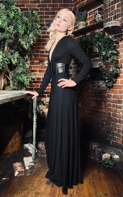 Robe longue Blair en jersey avec corset en cuir vegan à la taille.-1
