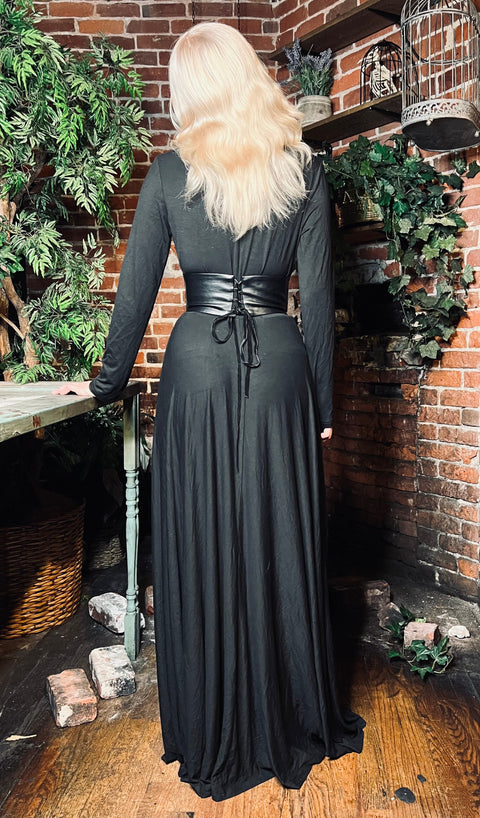 Robe longue Blair en jersey avec corset en cuir vegan à la taille.-2
