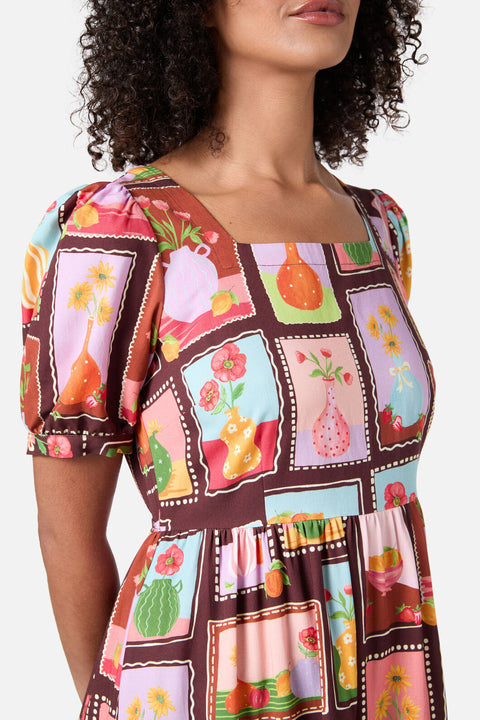 Robe midi à motif vases de fleurs-1