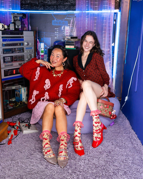 Chaussettes transparentes à volants et nœud cerise-3