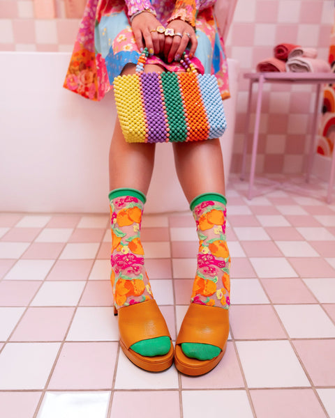 Chaussettes montantes transparentes à motif floral orange-6