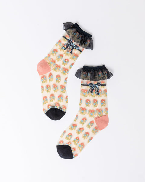 Chaussettes montantes transparentes à volants et motif floral répété-2