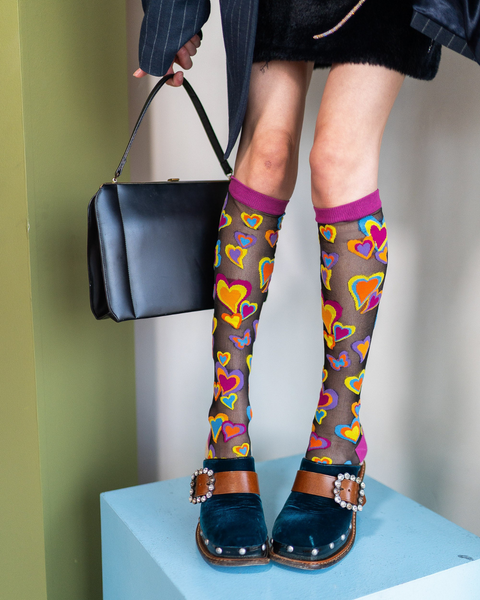 Chaussettes hautes noires transparentes Y2K Hearts-4