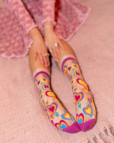 Chaussettes montantes transparentes à volants et cœurs Y2K-5