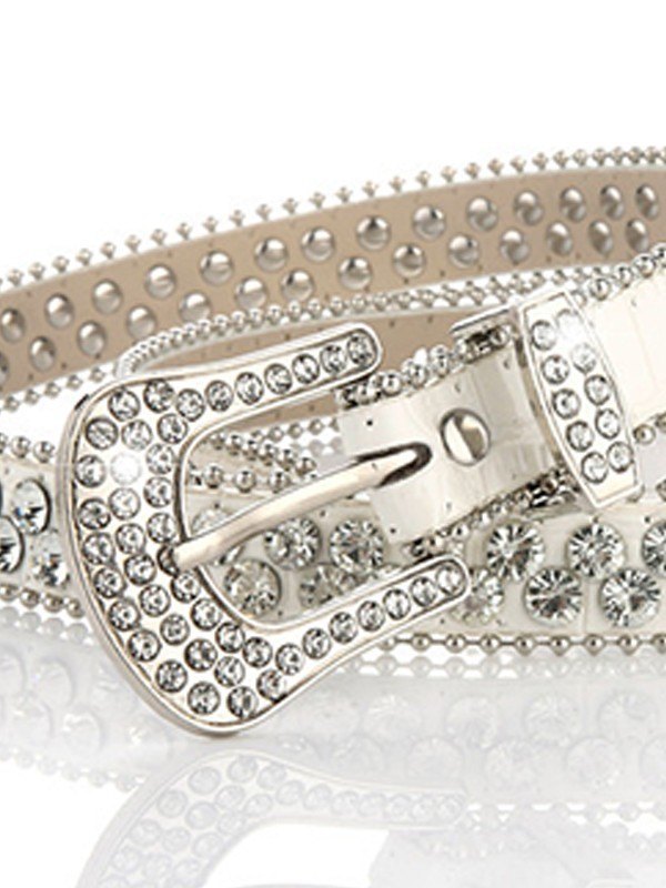 Cinturón con hebilla de piel sintética con diamantes de imitación dobles-1