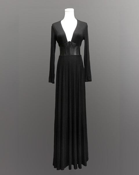 Robe longue Blair en jersey avec corset en cuir vegan à la taille.-3